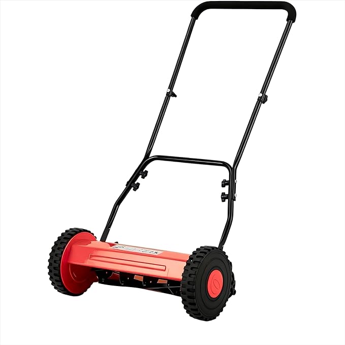 16-Inch Hand Push Reel Lawn Mower, 5-Blade Manual Push Lawnmower, 0.4-4" Adjustable Cutting Height, Lightweight for Small/Medium Yards, Easy Assembly, Compact & Quiet, Red