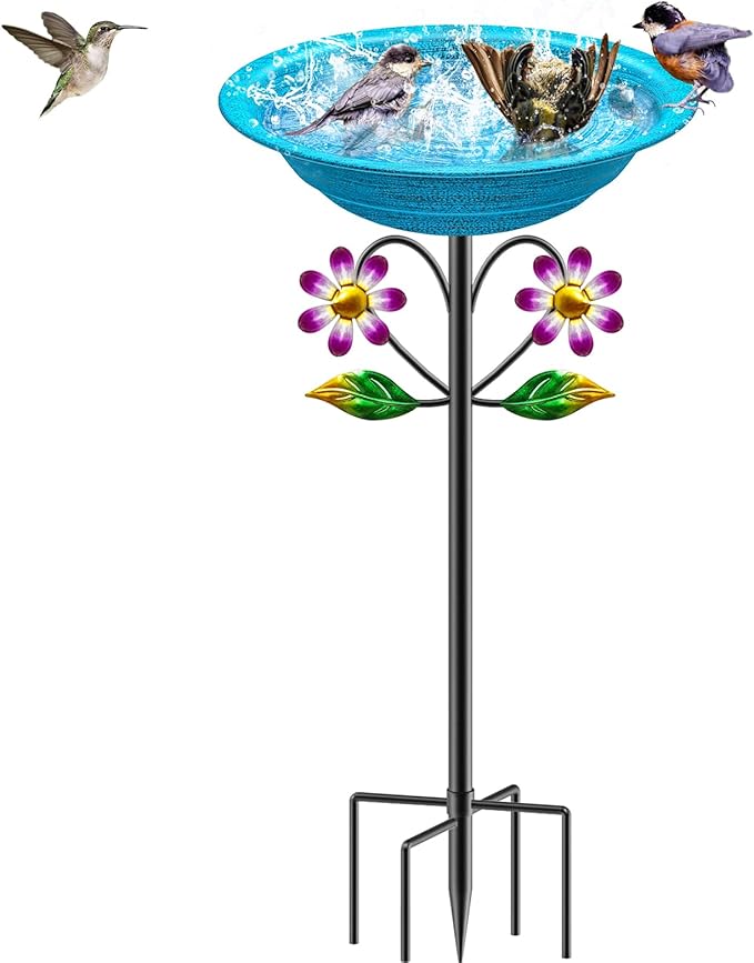 Metal Bird Bath for Outside Garden Birdbath Bowl, Freestanding Bird Feeders for Outdoors with 5 Prongs Base Stake, Standing Birdfeeders Bath Bowl for Yard Decor(Retro Blue)