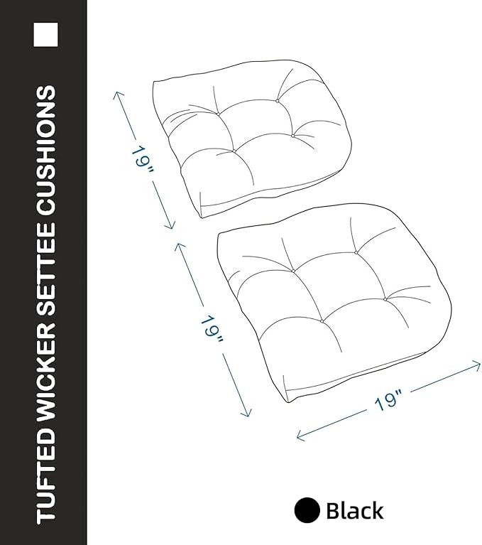 Outdoor Chair Cushions Set of 2, 19x19x4 Inch Seat Pads with Ties for Patio Wicker Chairs Garden Dining Chair, Indoor Outside Use, Fade-Resistant & Waterproof, Black