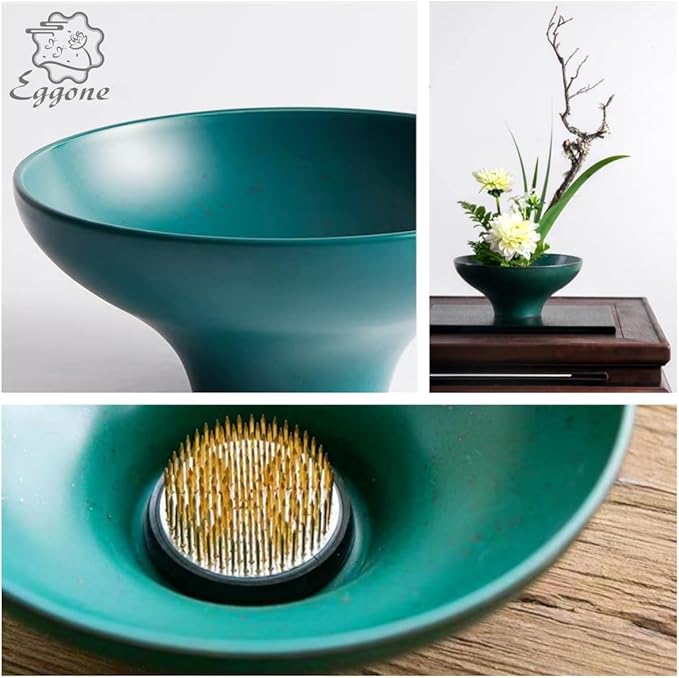 Japanese Ikebana Kit Floral Frog Japanese Flower Arranging Supplies Flower Container with Needle Straightening Tool & Kenzan - 2.4inch Flower Frog, Bowl Vase (Green Peacock)