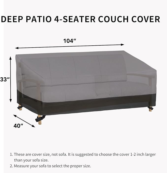 Easy-Going Waterproof Outdoor Couch Cover, Heavy Duty Deep 4-Seater Patio Sofa Cover, Windproof Outdoor Furniture Cover with Air Vent (104Wx40Dx33H inch,Gray/Black)