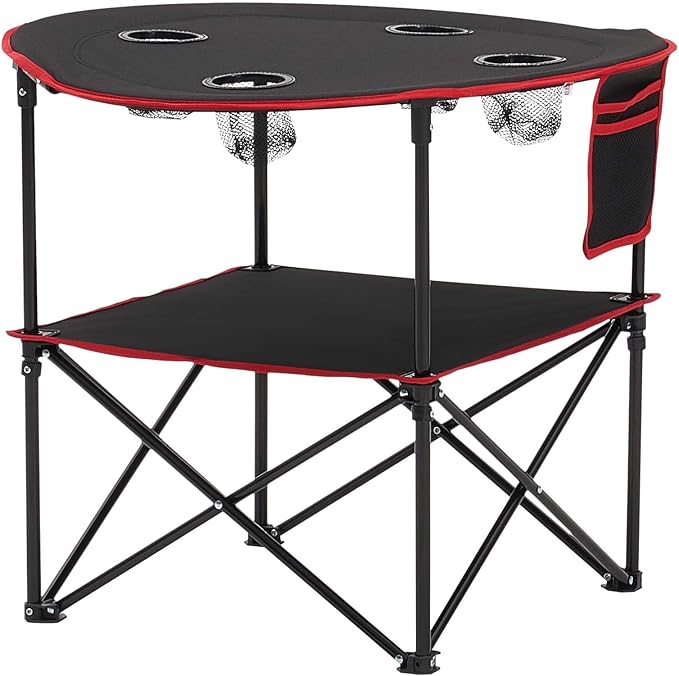 VEVOR Folding Camping Table, Portable Outdoor Lightweight Picnic Table, 600D Oxford Fabric Waterproof Canvas Travel Beach Tables, with 4 Cup Holders, Carry Bag, for Tailgating Camping Picnic, Black