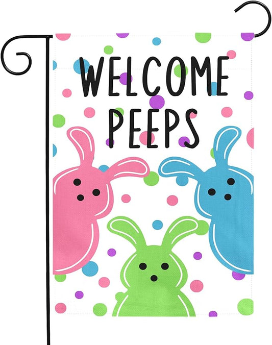 Welcome Peeps Garden Flag Easter Bunny Design Double Sided Outdoor Yard Flags Colorful Spring Porch Patio Lawn Farmhouse House Banners for Easter Egg Hunt Party Seasonal Home Décor 12x18 Inch