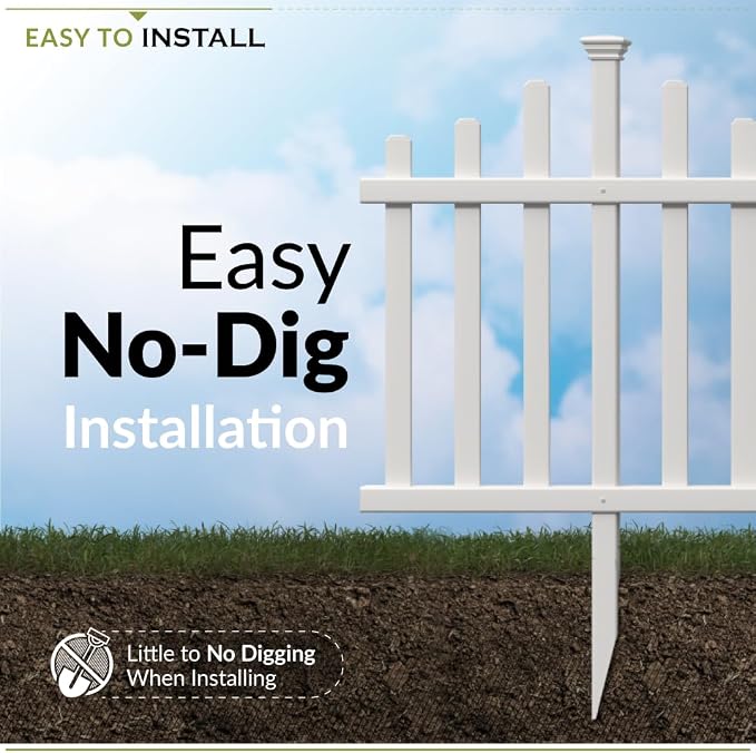 2.5ft H x 4.7ft W (2 Panels) No Dig Zippity Madison Fence Panel Kit, No Dig Panels, White Vinyl Fencing for Yard, Temporary Barrier for Backyard, White Picket Garden Border, DIY Enclosure ZP19001