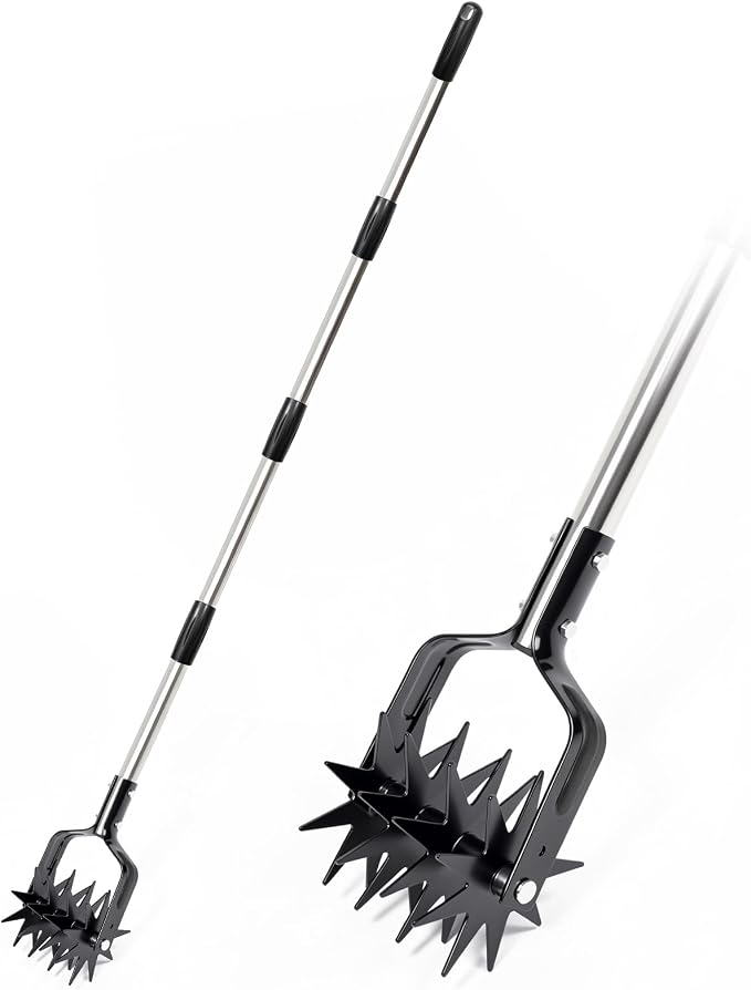 Joyhalo Rotary Cultivator Garden Tool, Manual Hand Tiller with 57in Adjustable Stainless Steel Pole and Parallel-Blades Tines for Reseeding Grass, Soil Aeration, and Small Garden Beds