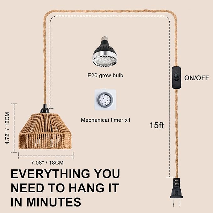 30W Indoor Hanging Plant Light, 4000K Bohemian Plant Growth Light, 15 Foot Power Cord, Automatic Timing, Indoor Hanging Growth lamp Used for Gardening, Banyan Trees, and greenhouses