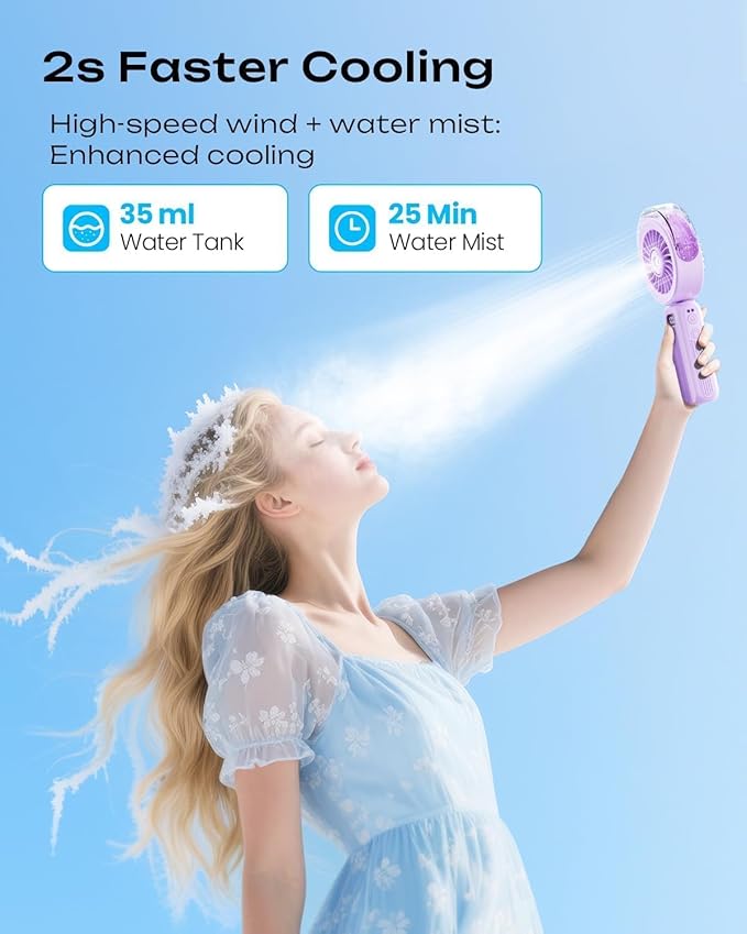 Otlonpe Handheld Misting Fan Portable, Powerful 4 High Speeds Rechargeable Small Hand Held Fan Water Mist, 4000mAh Battery Operated, Foldable, Lanyard, Personal Cooling for Travel Men Wome