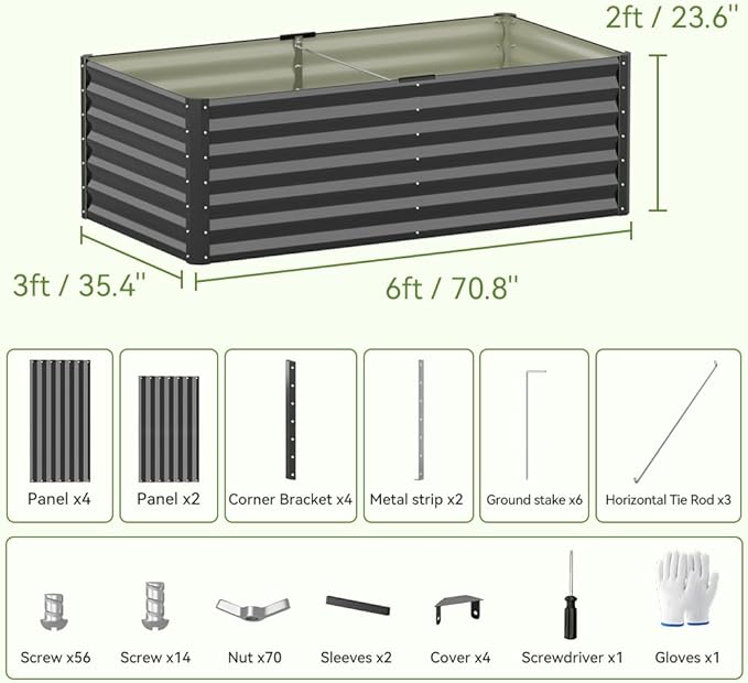 COMHOMA Raised Garden Bed 6x3x2ft,Galvanized Metal Planter Box Kit for Outdoor Gardening,Large Vegetable Flower Growing Beds with Gloves Tools,Black