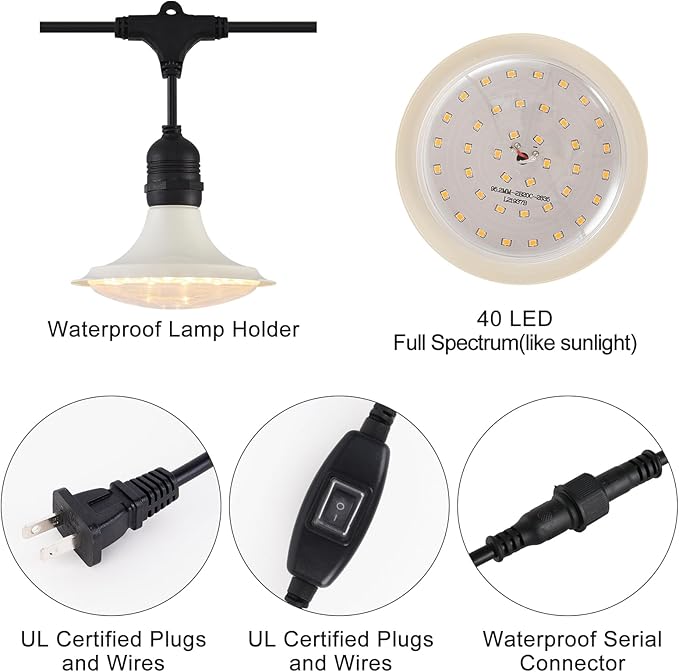 Outdoor LED Grow Lights, Waterproof String Grow Light, Full Spectrum Plant Growing Lights with 22Ft Cord, 6 Lights for Outdoor, Greenhouse Planting, Rainproof and Windproof