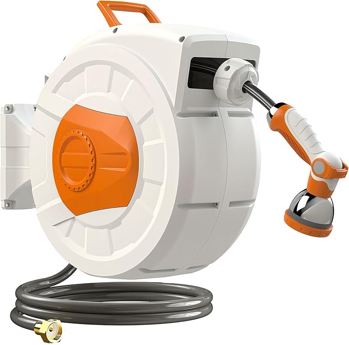 Garden Hose Reel 100ft, 1/2 Inch water hose, Wall Mounted and 180 Deg Swivel Bracket, Slow Retraction Any Length Lock 10 Spray Nozzle