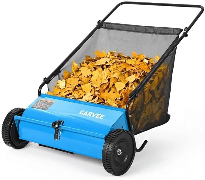 26 Inch Push Lawn Sweeper, 7 Cu. ft Grass Cutter, 4 High-Speed Spinning Brushes, Durable Steel Construction, Walk-Behind Leaf & Grass Collector for Yard Cleanup