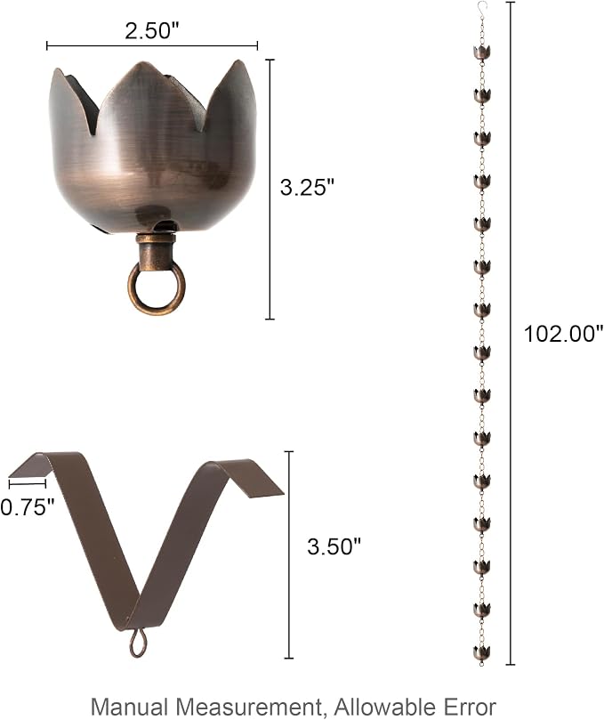 Glitzhome 8.5 FT Lotus Flower Rain Chains, Faux Copper Rain Chains for Gutters with 15 Cups, Adjustable Rain Catcher Chain with V-Shaped Gutter
