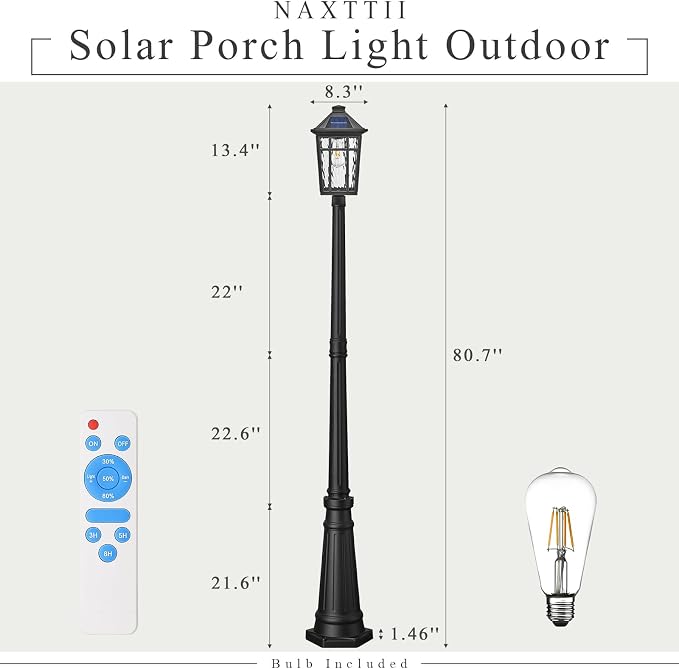 Outdoor Solar Lamp Post Light Dusk to Dawn Waterproof Solar Pole Lights with Water Ripple Glass 80.7 Inch Height Aluminum Black Street Light with Remote Control and LED Bulb