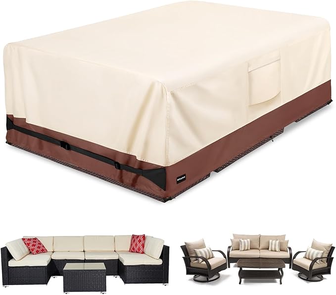 Rectangular Patio Furniture Covers,Upgraded 600D Heavy Duty Outdoor Furniture Covers Waterproof,Outdoor Sectional Dining Table and Chairs General Purpose Furniture Set Cover,88"L × 62"W × 28"H,Beige