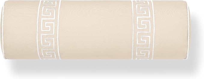 Hofdeco Premium Coastal Hampton Patio Indoor Outdoor Bolster Pillow Cover Only, 8"x24" Water Repellent for Backyard, Couch, Poolside, Neutral Tan Embroidered Greek Key