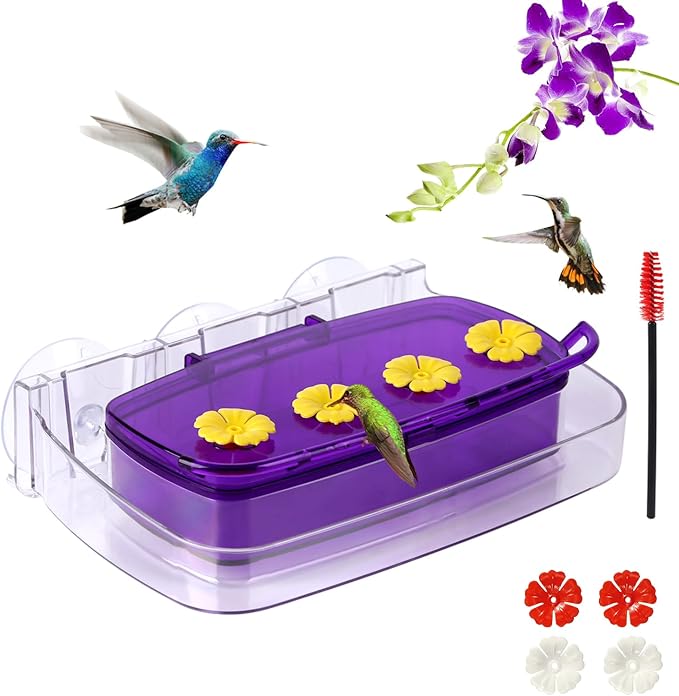 Window Hummingbird Feeder with Strong Suction Cup, Plastic Hummingbird Feeders for Outdoors, Built-in Moat,Easy to Clean and Refil (10oz) (1, Purple)