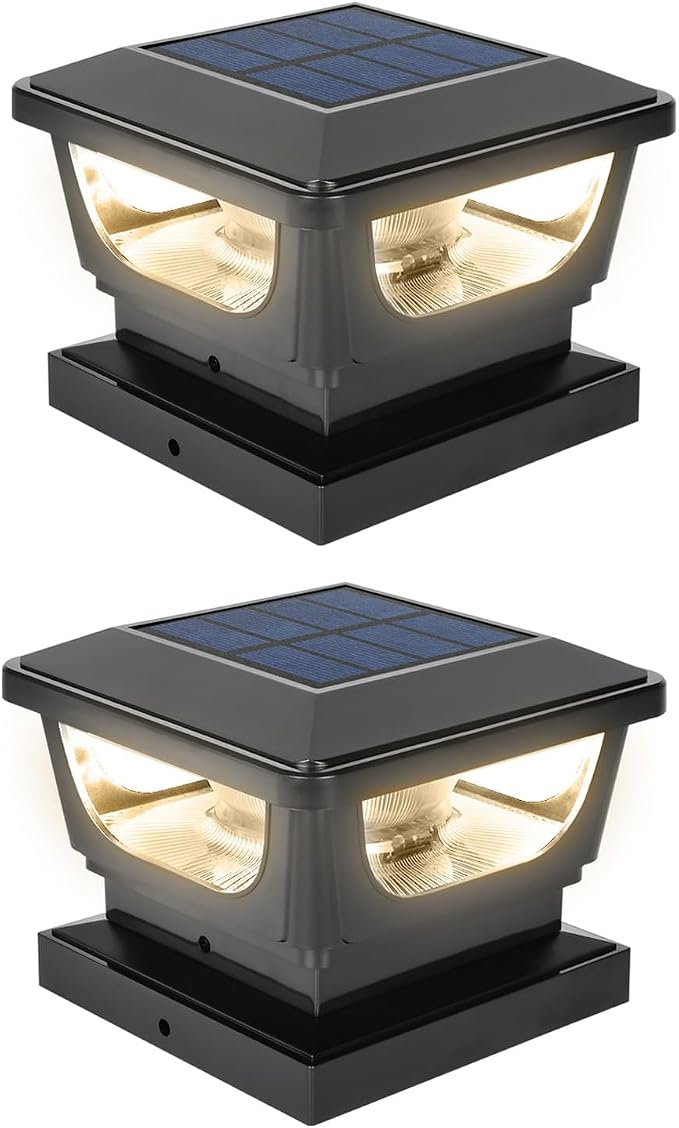 Sumaote Solar Post Cap Lights, 120 Lumen 3000K Warm White LED for 3x3 Metal/Vinyl & 4x4 Wood Posts, IP65 Waterproof Outdoor Garden Fence Deck Lighting, Dusk-to-Dawn Auto On/Off (2 Pack)