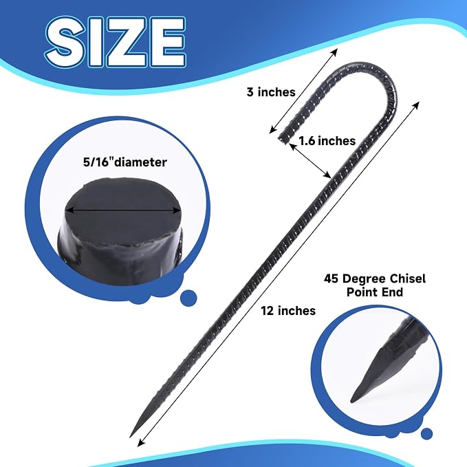 Homwin Rebar Stakes 12 inches 34-Pack Ground Stakes Heavy Duty J Hook Tent Stakes for Outdoor Decorations and Inflatables, Metal Yard Stakes for Fencing and Gardening, Gazebo and Swing Set Anchors
