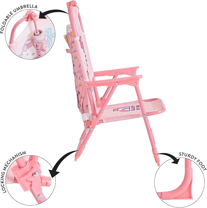 Sanrio Hello Kitty Kids Outdoor Folding Beach Chair with Umbrella,Portable Camp Chair for Ages 3+, Lightweight & Compact for Beach, Camping, and Backyard