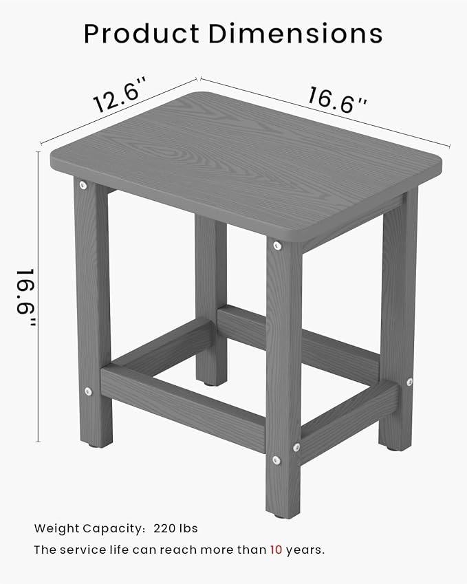 Set of 2 HDPE Outdoor Side Table, Weatherproof Small Outdoor Table for Adirondack, 16.6-Inch Patio Square End Tables for Garden, Backyard, Porch, Deck, Balcony, Poolside (Grey)