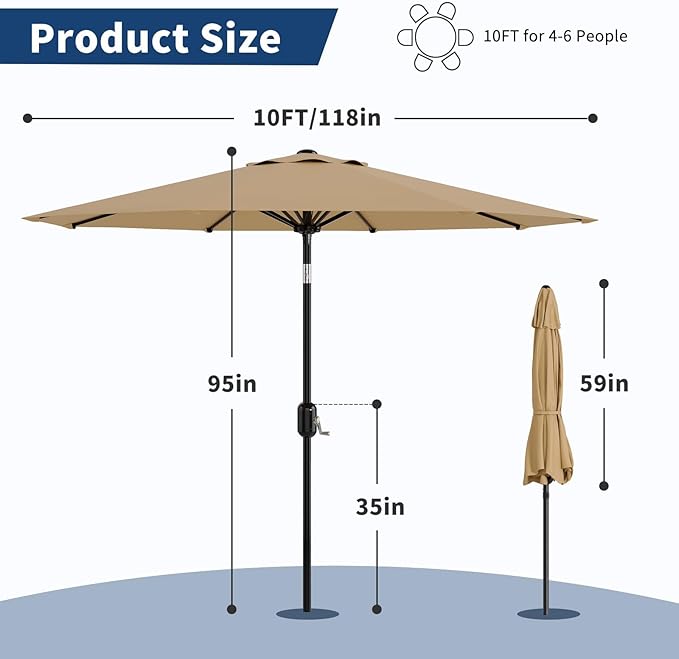 Garvee 10 ft Patio Umbrella - 8 Sturdy Ribs Outdoor Table Umbrella with Crank Lift & Push Button Tilt - Market Umbrella for Pool, Deck, Yard, Garden - Tan