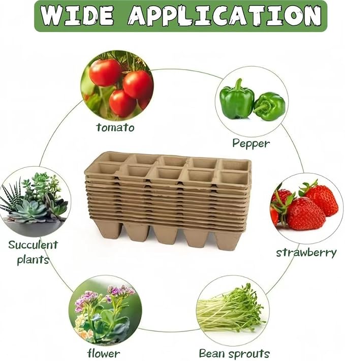 480 Cells Seed Starter Tray 48 Packs Biodegradable Peat Pots Germination Trays Organic Seed Starting Trays kit with 48 Labels 2 Transplant Tools
