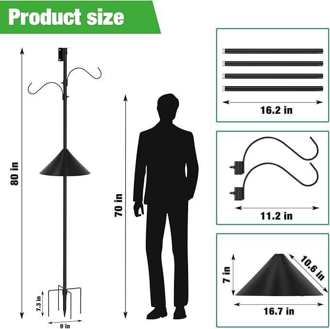 ERYTLLY Bird House Pole 80 Inch Bird Feeder Pole with Squirrel Baffle and 2 Hooks - Heavy Duty Bluebird Feeder Support Rod Stand Set for Outside, Yard, Garden