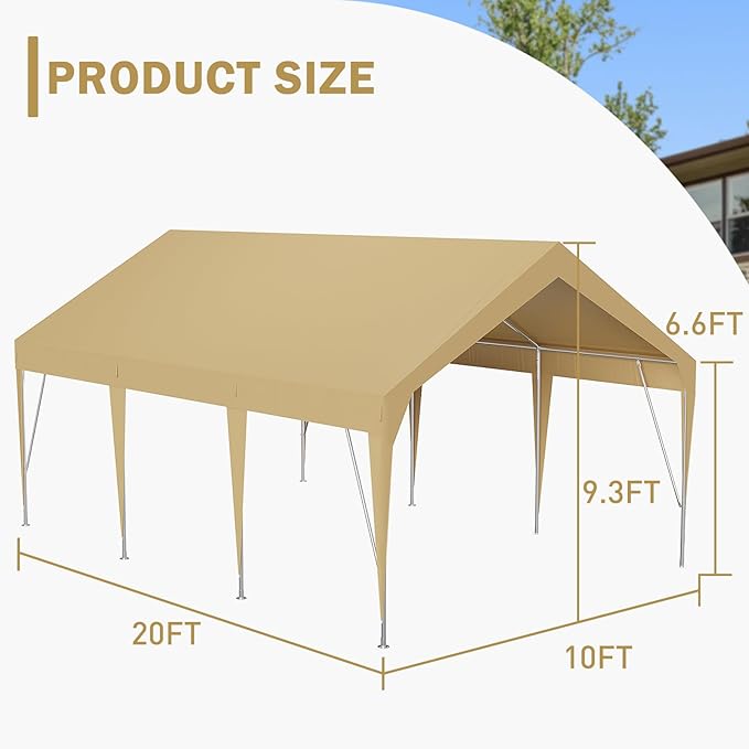 10x20 FT Heavy Duty Carport with Frame, Upgraded Portable Car Canopy with Adjustable Height 9.3-10 FT, Waterproof & UV-Resistant Garage Shelter for Car, Boat, Party, and Outdoor Storage(Earthy Yellow)