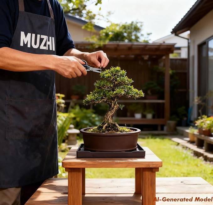 MUZHI Unglazed Natural Clay Bonsai Pot with Drip Tray, Oval Vintage Bonsai Tree Planter with Drainage for Bonsai Training Succulent Arrangement (Oval)