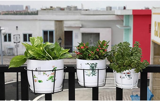 1 Pack Hanging Railing Planters Flower Pot Holders Plant Iron Racks Fence Metal Potted Stand Mounted Balcony Round Plant Baskets Shelf Container Box for Indoor and Outdoor Use-White,Garden Steel Pots
