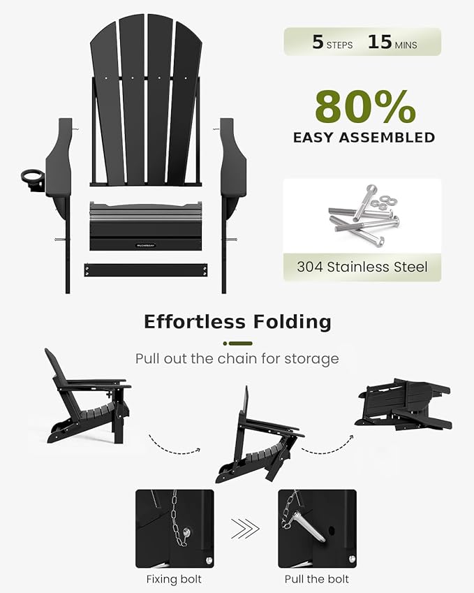 MUCHENGHY Folding Adirondack Chairs Set of 4, Hdpe Fire Pit Chairs, Outdoor Chairs, Plastic Adirondack Chairs, Lawn Chairs Weather Resistant with Cup Holder for Deck, Backyard, Garden(Black)