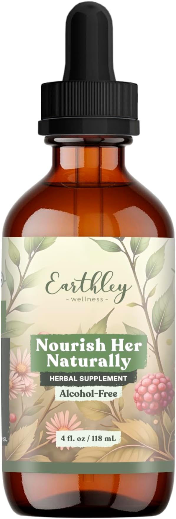 Earthley Wellness Nourish Her Naturally, Liquid Botanical Multivitamin for Women with Raspberry Leaf, Dandelion Leaf, Alfalfa, and Nettles, Supports Energy, Gut Health, and Wellness (4oz, Nourish Her)