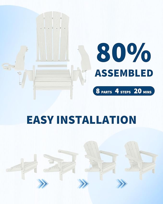 GarveeLife Folding Adirondack Chair Set of 2 with Ottoman, All-Weather HDPE Outdoor Chair, Wooden Textured with Cup Holder for patios, Decks, Gardens, fire pits, White