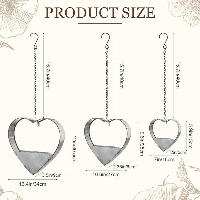 3 Pcs 3 Size Heart Metal Hanging Planter Indoor Outdoor, 13.4" 10.6" 7" Large Metal Plant Hangers Vintage Flower Pot with Hook Chain Drain Hole Gift for Gardener Women Mom Home Decor(Silver)
