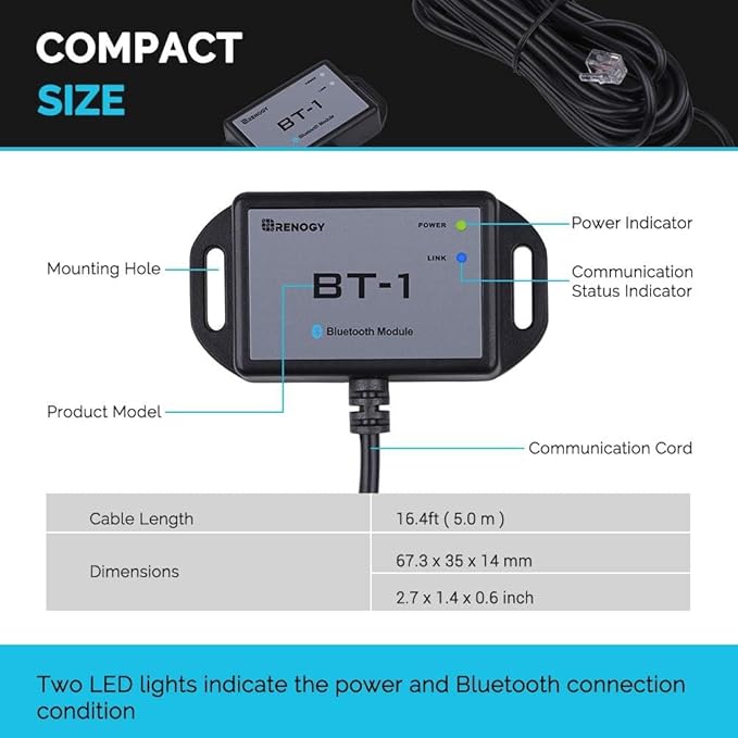 Renogy BT-1 Bluetooth Module for Solar Controllers - Wireless Monitor via DC Home App, 82ft Range, IP54 Waterproof, RJ12/RS232 Port, Compatible with Rover/Wanderer/Adventurer