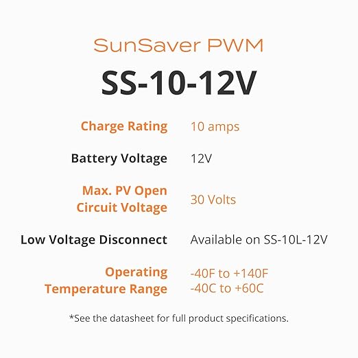 Morningstar SunSaver 10A PWM Solar Charge Controller (SS-10-12V) - Regulator for 12V Batteries, Four Stage Battery Charging, HazLoc Rated, Low Noise, 5 Year WTY - Designed in The USA