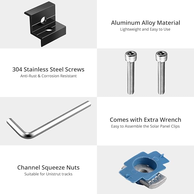 Anbte 20pcs Solar Panel End Clamp for Standard Unistrut, Aluminum 30mm/35mm Solar Panel Brackets with Nuts Bolts, Solar Panel Mounting Kit for Metal Roof, Tin Roof, Flat Roof, Sheet Roof, RV, Black