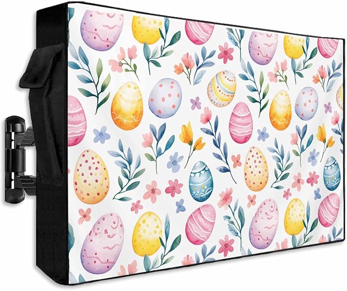 Easter Egg Outdoor TV Cover for Outside Flat Screen,Spring Flower 600D Thick Waterproof Weatherproof Outdoor TV Screen Protector with Zipper for 60 to 65 Inch Flat Screens Colorful Floral Leaves