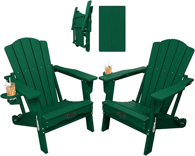 THOEOE Folding Adirondack Chair Set of 2, HDPE All-Weather Outdoor Chair with Cup Holder, Wooden Textured, Fire Pit Chair, Plastic Patio Chair for Deck, Backyard, Garden, Lawn, Green