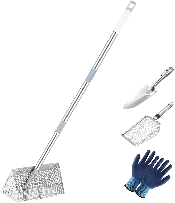 65Inch Sand Rake for Beach, Sand Scoop Rake Stainless Steel with an 11-Inch Sand Sifter and a 10.6-Inch Sand Rake, Perfect for Collecting Seashells Cleaning up Broken Shells and Debris on The Beach