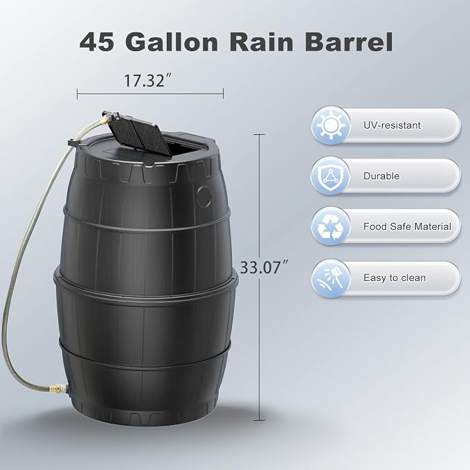 45 Gallon Rain Barrel for Gutter Rainwater Collection, BPA-Free Water Catcher with Mesh Screen, Lid, Spigot and Hose, Outdoor Water Storage for Garden Watering and Lawn Care