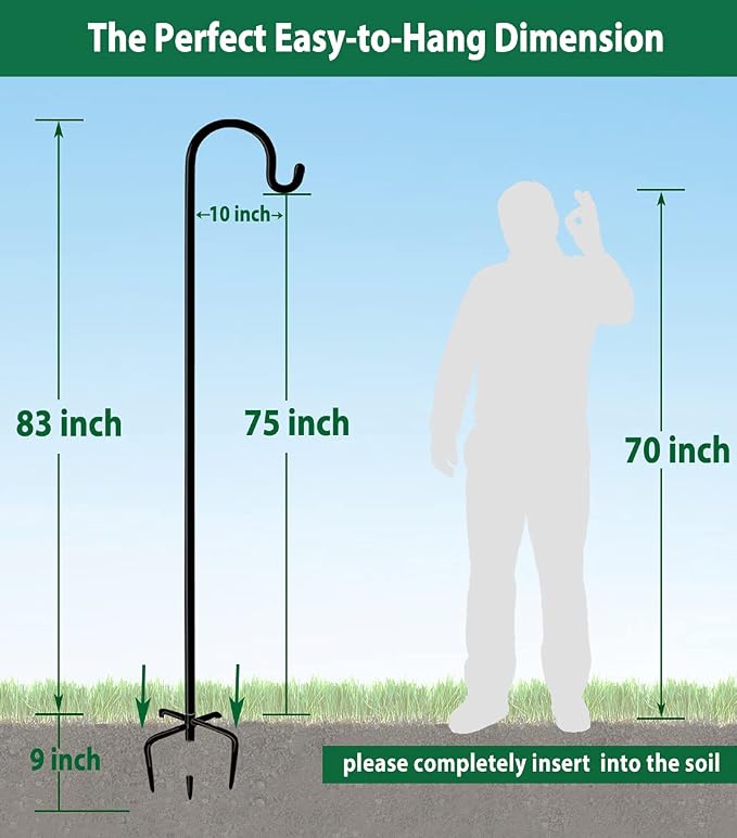 Adjustable Outdoor Shepherd Hook Stand with 5 Prong Base, 92 Inches Tall 3/5 in Thick, Shiny Black (2 Packs)