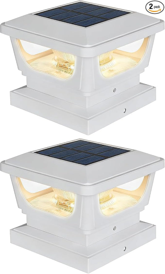 Sumaote Solar Post Caps Lights for 3x3 Metal/Vinyl & 4x4 Wood Posts, IP65 Waterproof, 120 Lumen 3000K Warm White LED Lighting for Garden, Fence, Deck and Mailbox, Dusk-to-Dawn,White Shell (2 Pack)