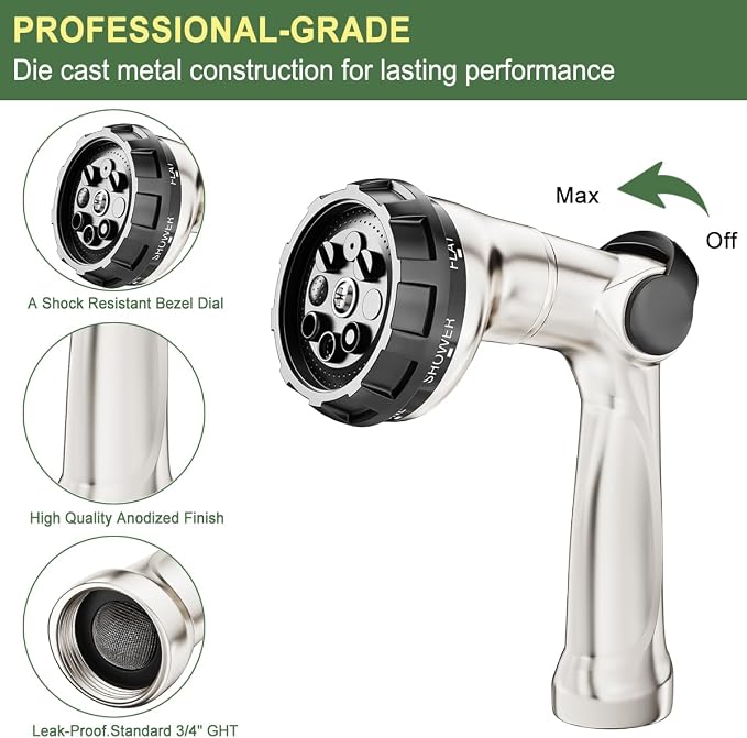 FANHAO Heavy Duty Garden Hose Nozzle + 100% Metal Thumb Control Water Hose Sprayer