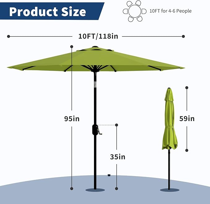 Garvee 10 ft Outdoor Patio Umbrella 8 Sturdy Ribs Outdoor Table Umbrella with Crank Lift & Push Button Tilt - UV Protection Waterproof Market Umbrellas for Pool, Deck, Yard, Garden, Grass Green