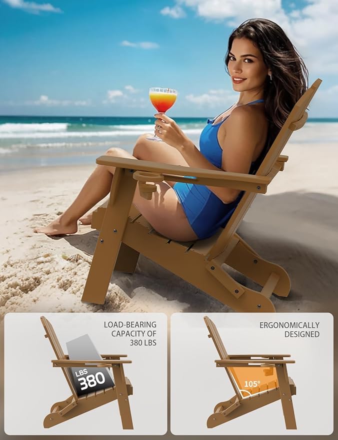 Folding Adirondack Chair, Wooden Textured Plastic Adirondack Chairs with 2 Cup Holder, Weather Resistant HDPE Fire Pit Chair, Outdoor Patio Chairs for Garden, Backyard, Lawn, Deck, 380LBS, Teak