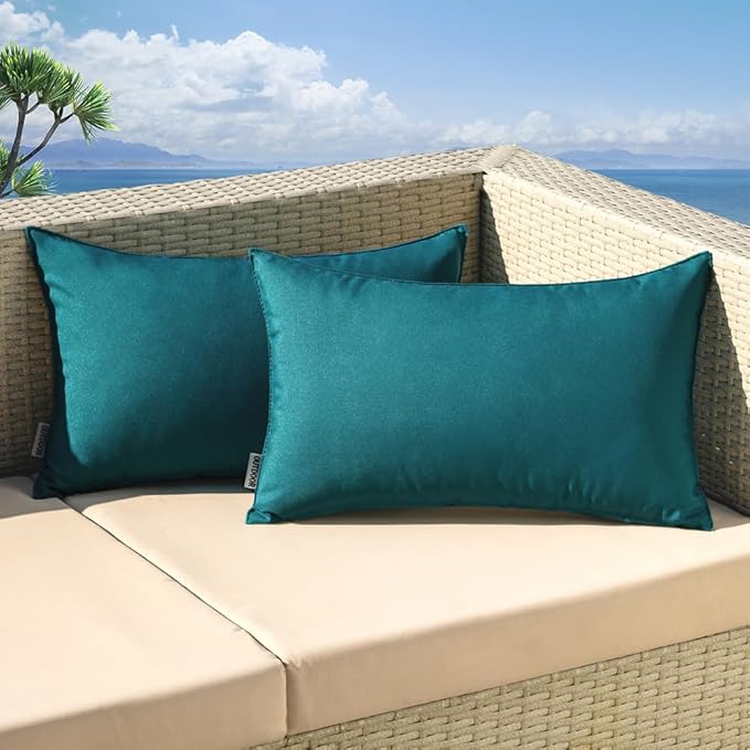MIULEE Pack of 2 Decorative Outdoor Waterproof Pillow Covers Rectangular Garden Cushion Sham Throw Pillowcase Summer Shell for Spring Patio Tent Couch 12x20 Inch Teal Blue