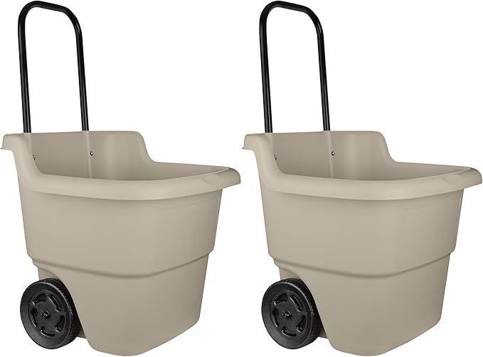 Suncast 2-Pack Multipurpose Rolling Lawn and Garden Utility Cart, 15 Gallon, Taupe - Outdoor Storage Carts with Wheels - Gardening Accessories, Tools, and Equipment