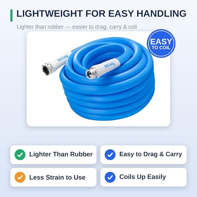 FEVONE Garden Hose 50 ft, Kink-Free Triangular Prism Design | Heavy Duty Water Hose, 5/8 Inch ID, 600 PSI, Leak Free, Flexible Hybrid Polymer Yard Hose with 3/4 Inch Aluminum Fittings