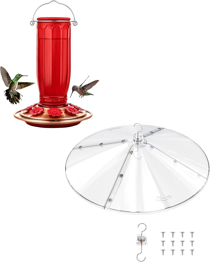 iBorn Glass Hummingbird Feeder for Outdoors Hanging,8 Ports for 16oz,Red+19.5” Oversized Birdfeeder Baffle, Squirrel Defender,Chew-Proof PC, Transparent